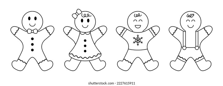 Collection of outline gingerbread man and woman biscuit. Christmas line cookie on white background. Vector illustration.