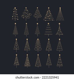 Collection of Outline Golden Christmas Trees. Symbol of New Year and Christmas. Bright Design for Greeting Card.