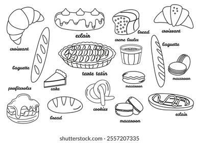 Collection outline hand drawn french cuisine bakery