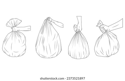 Collection of outline hands holding trash bag. Vector illustration