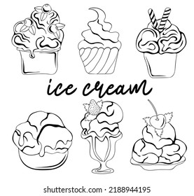 Collection of outline ice cream in cup isolated on white background. Sweet dessert. Vector illustration
