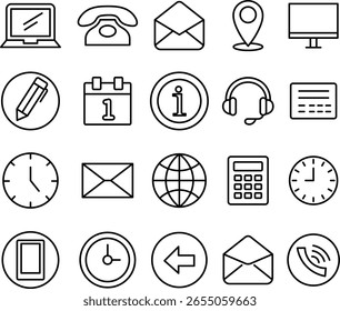 Kollektion von Skizzen-Symbolen, die Kommunikationstechnologie und Geschäftskonzepte darstellen