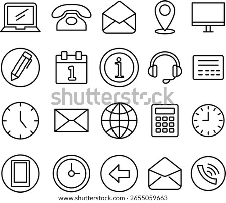 Collection of outline icon set representing communication technology and business concepts