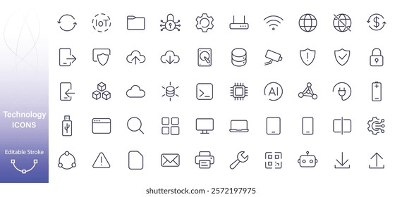 Collection of outline icons about internet, data, computer, storage, printer. Technology icon.