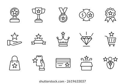 A collection of outline icons of benefits, awards, rewards, loyalty programs and promotions. Modern minimalist style, suitable for apps, websites, marketing and branding materials. Editable strokes
