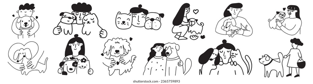 Colección de iconos de esquema. Dueños de gatos y perros. Ilustraciones vectoriales sobre fondo blanco.