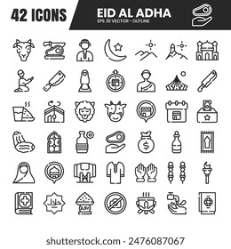 A collection of outline icons celebrating Eid al-Adha, featuring symbols like sheep, mosques, and crescent moons. Perfect for digital and print media.