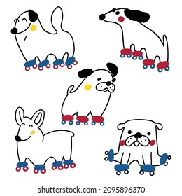 Collection of outline icons of dogs on roller skates. Illustrations on white background.