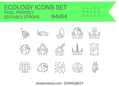 Collection of outline icons.  ecology, environment, and sustainability.  thin line icons.  editable vector strokes and maintain a pixel-perfect resolution of 64x64.