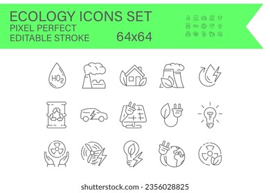 Collection of outline icons.  ecology, environment, and sustainability.  thin line icons.  editable vector strokes and maintain a pixel-perfect resolution of 64x64.