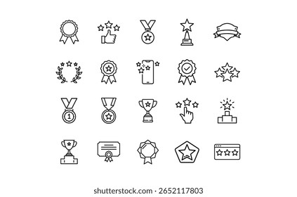 Collection of outline icons featuring awards, medals, trophies, stars, ribbons, a certificate, and ranking elements, all rendered in a simple, clean line art style.