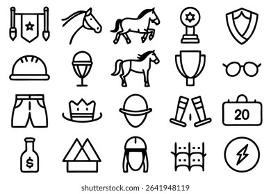 A collection of outline icons featuring horses racing trophies and other equine related elements