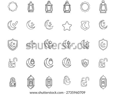 A collection of outline icons featuring Islamic symbols like crescent moons, stars, lanterns, and shields, often combined with security elements like locks and checkmarks.