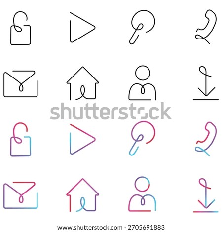 Collection of outline icons featuring lock play location phone email house person download symbols in gradient color
