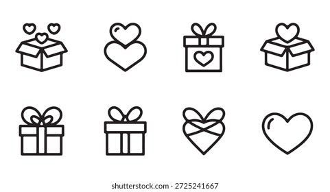 Collection of outline icons featuring various heart shapes and perfectly tied gift boxes ready for use