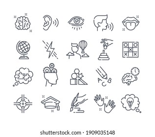 Collection of outline icons. Human cognitive abilities and preschool development of kids. Fine motor skills, logical thinking, articulation. Set of vector illustrations isolated on white background