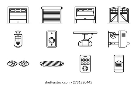 Collection of outline icons including automatic rolling gates remote controller keypad spring sensor and phone app