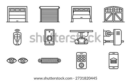 Collection of outline icons including automatic rolling gates remote controller keypad spring sensor and phone app