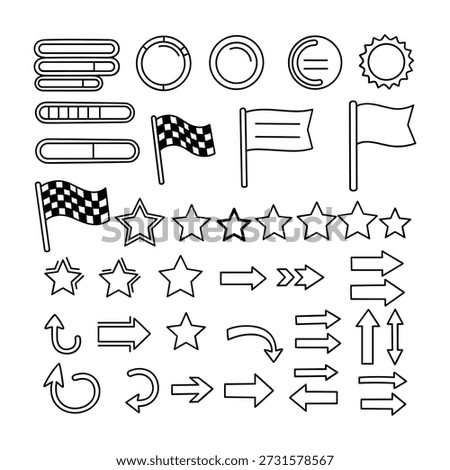 Collection of outline icons including progress bars flags stars and arrows on white background Keywords: progress bar loading bar circle chart sun flag checkered flag plain flag star rating star