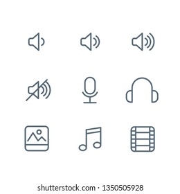 Collection of outline icons isolated on white background. Pictogram icon line symbol for website design, mobile application ui. Volume microphone headphones music note video Vector illustration eps 10