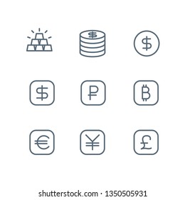 Collection of outline icons isolated on white background. Pictogram icon line symbol for website design, mobile application ui. Currency coins financial. Vector illustration eps 10