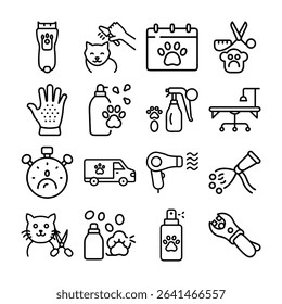 A collection of outline icons related to pet grooming services and supplies.