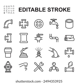 Collection of outline icons related to pipelines. Linear icon collection.