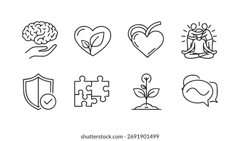Coleção de ícones de esboço representando conceitos abstratos como o crescimento de quebra-cabeças do escudo do coração cerebral e vetor de comunicação