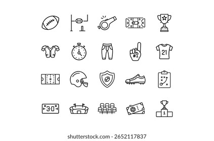 Coleção de ícones de contorno representando elementos do futebol americano: bola, gola, assobio, campo, troféu, camisa e outros símbolos relacionados.