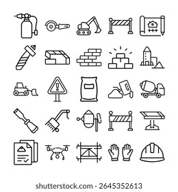 Uma coleção de ícones de estrutura que representam equipamentos de construção, construção e segurança, incluindo ferramentas, máquinas e equipamentos de proteção, exibidos em uma grade.