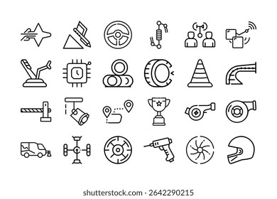 A collection of outline icons representing different elements related to motorsports, racing, and automotive technology, arranged on a white background.