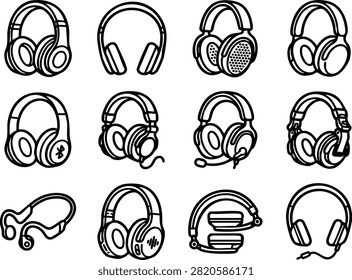 Collection of outline icons representing different styles of headphones and headsets for music, gaming, and communication.