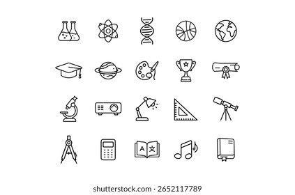 A collection of outline icons representing education, science, arts, and mathematics, including beakers, atom, DNA, and graduation cap.