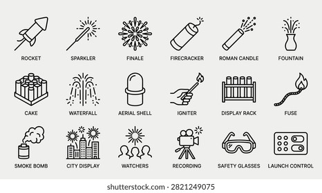 Collection of outline icons representing fireworks and celebrations: rocket, sparkler, finale, firecracker, roman candle, fountain, cake, waterfall, aerial shell, igniter, display rack, fuse, smoke bomb, city display, watchers, recording camera, safety glasses, launch control. Perfect for party and holiday themes.