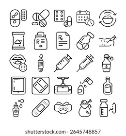 Uma coleção de ícones de tópicos que representam os cuidados de saúde, medicamentos e dispositivos médicos, incluindo comprimidos, seringas, receitas e outros itens relacionados.