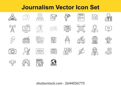 A collection of outline icons representing journalism, news, media, and communication, perfect for illustrating articles, websites, or educational materials related to the field.