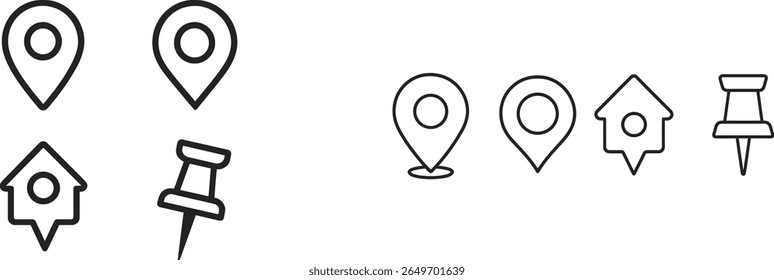 A collection of outline icons representing location markers, homes, and pushpins, illustrating navigation and mapping concepts in a minimalist style.