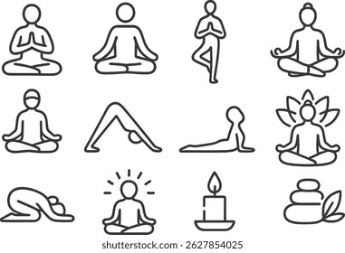 Collection of outline icons representing nutritious foods like fruits, vegetables, dairy, and information about diet, emphasizing a balanced and healthy lifestyle.