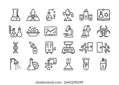 Una colección de iconos de contorno que representan la ciencia, el equipo de laboratorio, los protocolos de seguridad y el análisis científico, todo en blanco y negro.