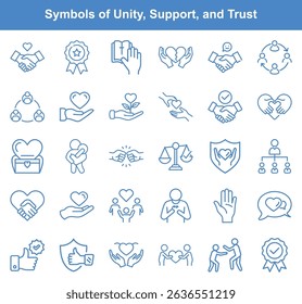 Collection of outline icons representing several concepts, including unity, support, and trust, displayed against a clean backdrop. Each symbol signifies connection, compassion, and reliability.