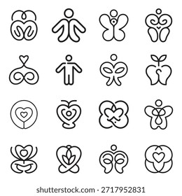 Una colección de iconos de contorno que representan la salud inteligente, el bienestar y los conceptos médicos, presentados aislados sobre un fondo blanco.