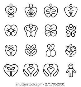 Una colección de iconos de contorno que representan conceptos inteligentes de salud y bienestar, aislados sobre un fondo blanco limpio.