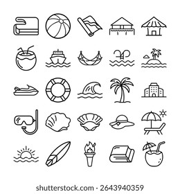 Collection of outline icons representing summer, beach, and tropical vacation elements.