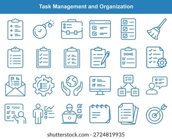 A collection of outline icons representing task management, deadlines, productivity, and workflow organization, symbolizing effective planning and achievement of objectives with various conceptual icons.