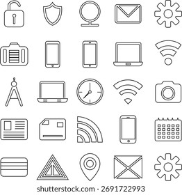 Coleção de ícones de esboço representando segurança de comunicação de tecnologia e conceitos de negócios