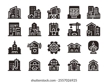 A collection of outline icons representing various aspects of urban planning and city development, including buildings, infrastructure, transportation, and green spaces. These simplified icons are ide