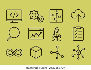 Collection of outline icons representing various concepts like coding, data analysis, cloud computing, and problem-solving on a yellow background.