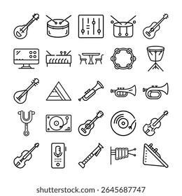 A collection of outline icons representing various musical instruments, recording equipment, and related items, presented in a clean, minimalist style.