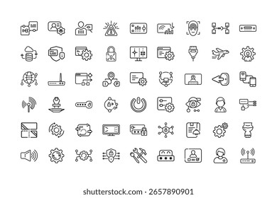 Uma coleção de ícones de estrutura de tópicos representando vários conceitos de segurança, tecnologia e rede.
