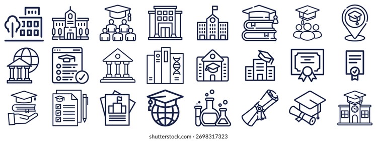 Uma coleção de ícones de esboço representando vários aspectos da educação, incluindo escolas, livros, diplomas e símbolos de graduação.